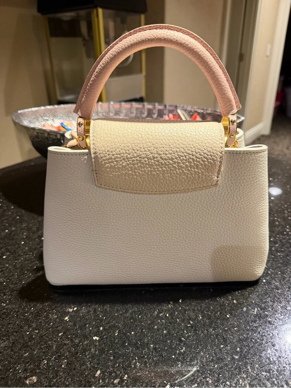Louis Vuitton White and Pink Capucines Crossbody Bag with Gold Hardware